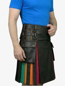 Person wearing a black kilt with colorful stripes and a blue shirt on a white background