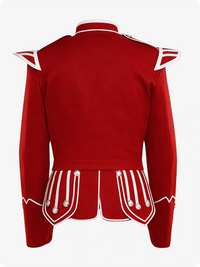 Red military-style jacket with white accents on a white background