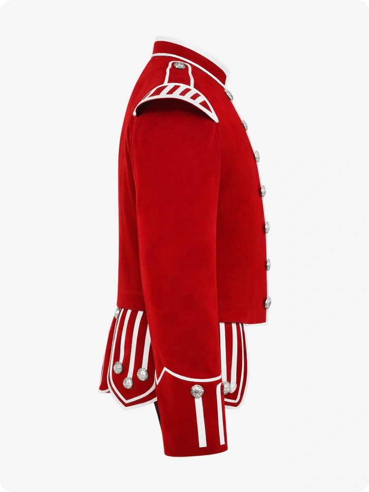 Red military-style jacket with white accents on a white background