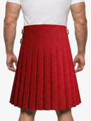Red pleated skirt worn by a person on a white background