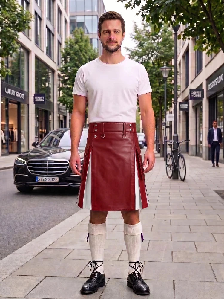 Red With White Cowhide Leather Hybrid Utility Kilt