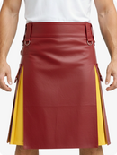 Red leather kilt with yellow accents worn by a person on a white background