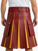 Red leather kilt with yellow accents worn by a person on a white background
