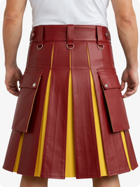 Red leather kilt with yellow accents worn by a person on a white background