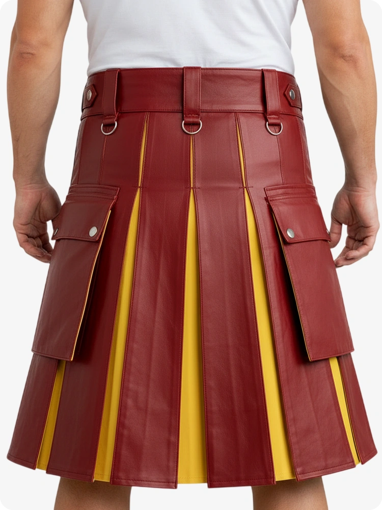 Red leather kilt with yellow accents worn by a person on a white background