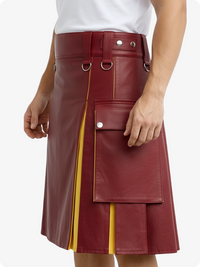Red leather skirt with yellow accents on a white background