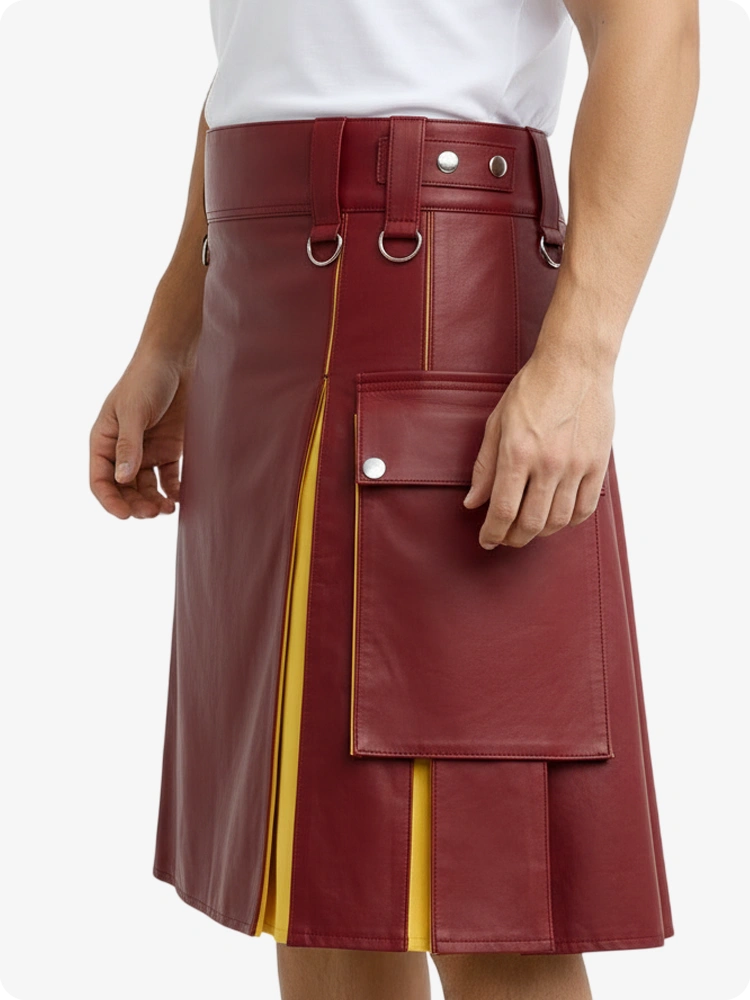 Red leather skirt with yellow accents on a white background