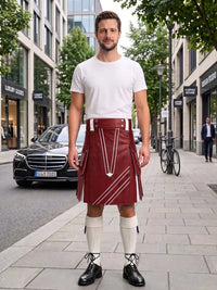 A man stands on a city sidewalk wearing a white crew-neck t-shirt, a dark red faux-leather kilt with white geometric stitching, white knee-high socks, and black leather shoes. The background shows a blurred street scene with a black Mercedes-Benz car, storefronts, and trees.