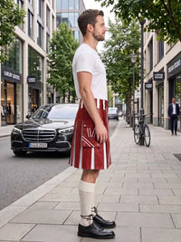 A man standing on a city sidewalk wearing a white t-shirt, a red and white striped kilt, cream knee-high socks, and black leather shoes. A black Mercedes-Benz car is parked on the street behind him.