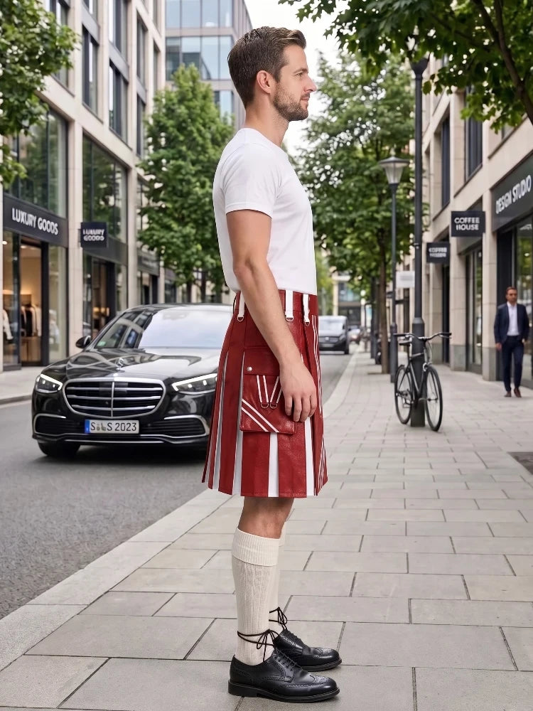 A man standing on a city sidewalk wearing a white t-shirt, a red and white striped kilt, cream knee-high socks, and black leather shoes. A black Mercedes-Benz car is parked on the street behind him.