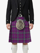 Person wearing a Scottish kilt with a purple plaid pattern on a white background