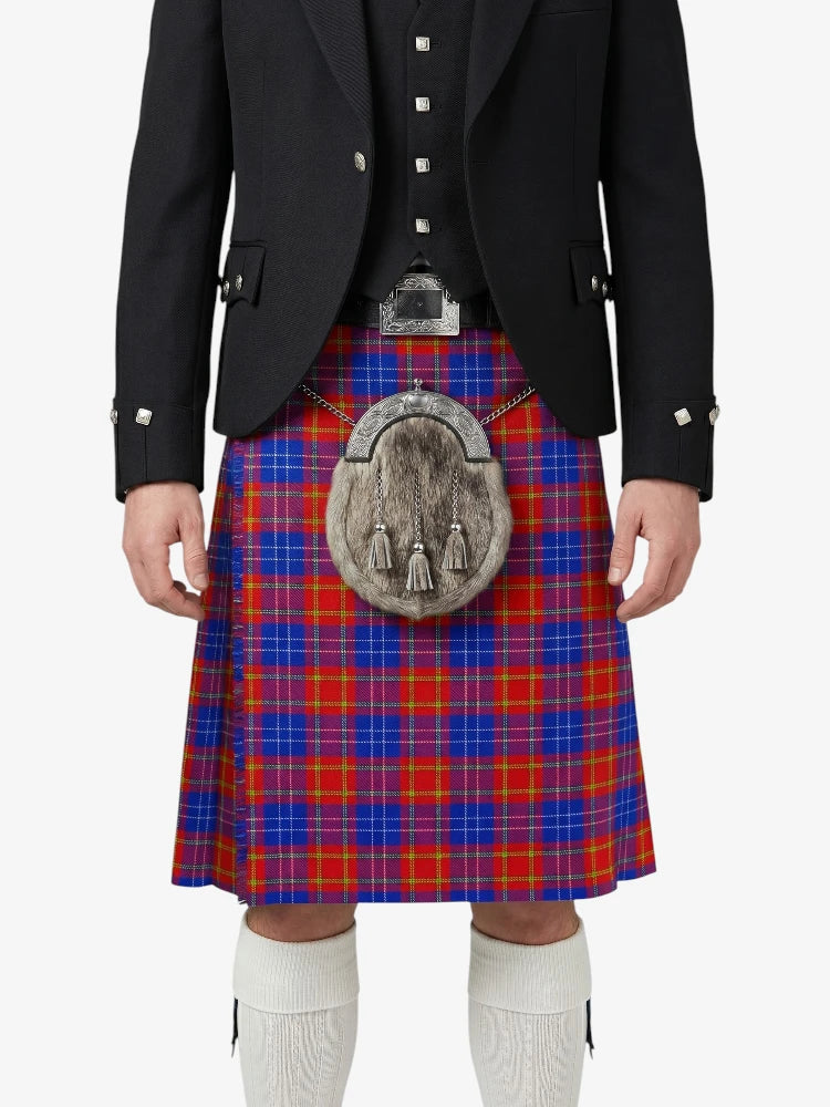 Person wearing a black jacket, red and blue plaid kilt, and white knee-high socks on a white background