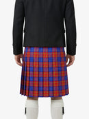 Person wearing a black coat and red plaid kilt on a white background