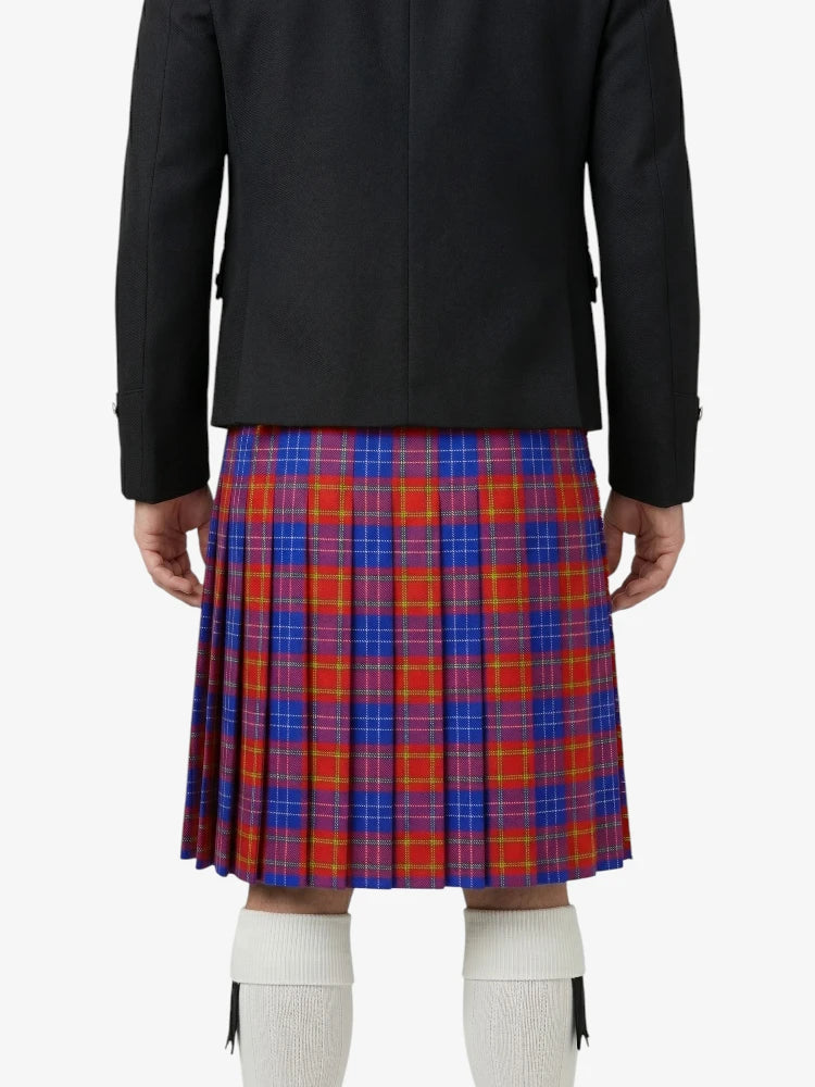 Person wearing a black coat and red plaid kilt on a white background