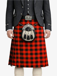 Person wearing a black jacket and red plaid kilt with a sporran on a white background