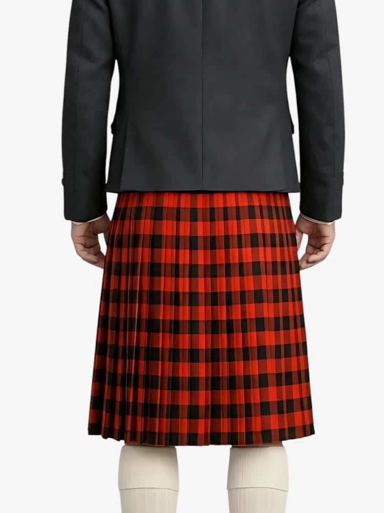 Person wearing a black jacket and red plaid kilt on a white background