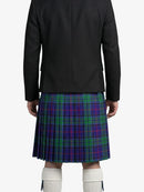 Person wearing a black jacket and a plaid kilt on a white background