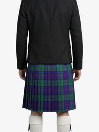 Person wearing a black jacket and a plaid kilt on a white background