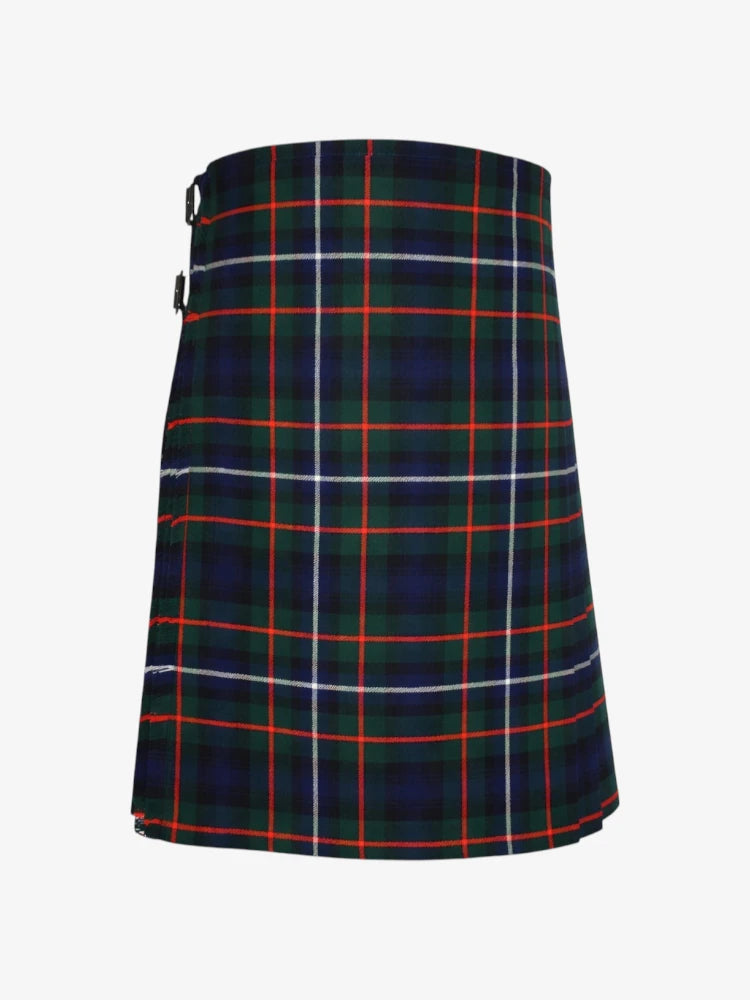 Plaid kilt with green, blue, and red pattern on a white background