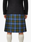 Person wearing a black jacket and plaid kilt on a white background