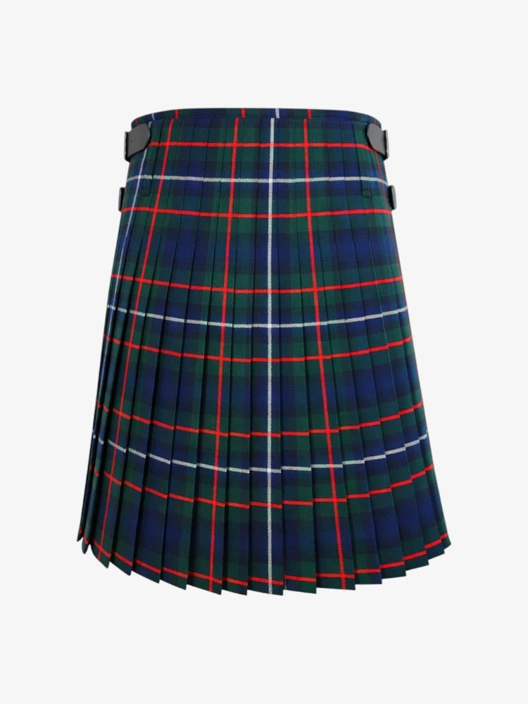Plaid kilt with green, red, and blue pattern on a white background