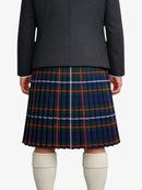 Person wearing a black jacket and a plaid kilt with white socks on a white background