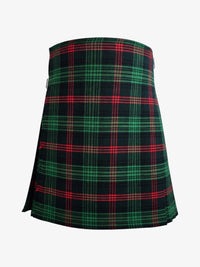 Plaid kilt with green, red, and black pattern on a white background