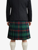 Person wearing a black coat and green plaid kilt on a white background