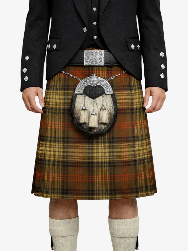 Person wearing a traditional Scottish kilt with a tartan pattern on a white background