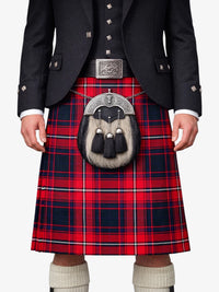 Person wearing a traditional Scottish kilt with a tartan pattern on a white background