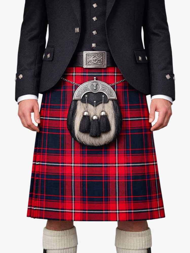 Person wearing a traditional Scottish kilt with a tartan pattern on a white background