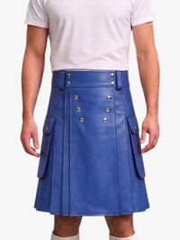 A person wearing a bright blue faux-leather pleated kilt with silver-tone double-breasted buttons and side flap pockets, paired with a white t-shirt against a light gray background.