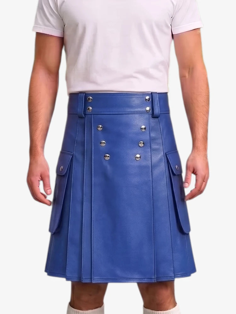 A person wearing a bright blue faux-leather pleated kilt with silver-tone double-breasted buttons and side flap pockets, paired with a white t-shirt against a light gray background.