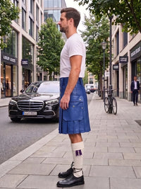 A man standing on a city sidewalk wearing a white t-shirt, a blue leather kilt, white socks with purple accents, and black leather shoes. A black Mercedes-Benz car is parked on the street behind him, with trees and storefronts in the background.