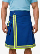 Blue kilt with reflective stripes worn by a person on a plain background