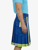 Person wearing a blue pleated skirt with reflective stripes on a white background