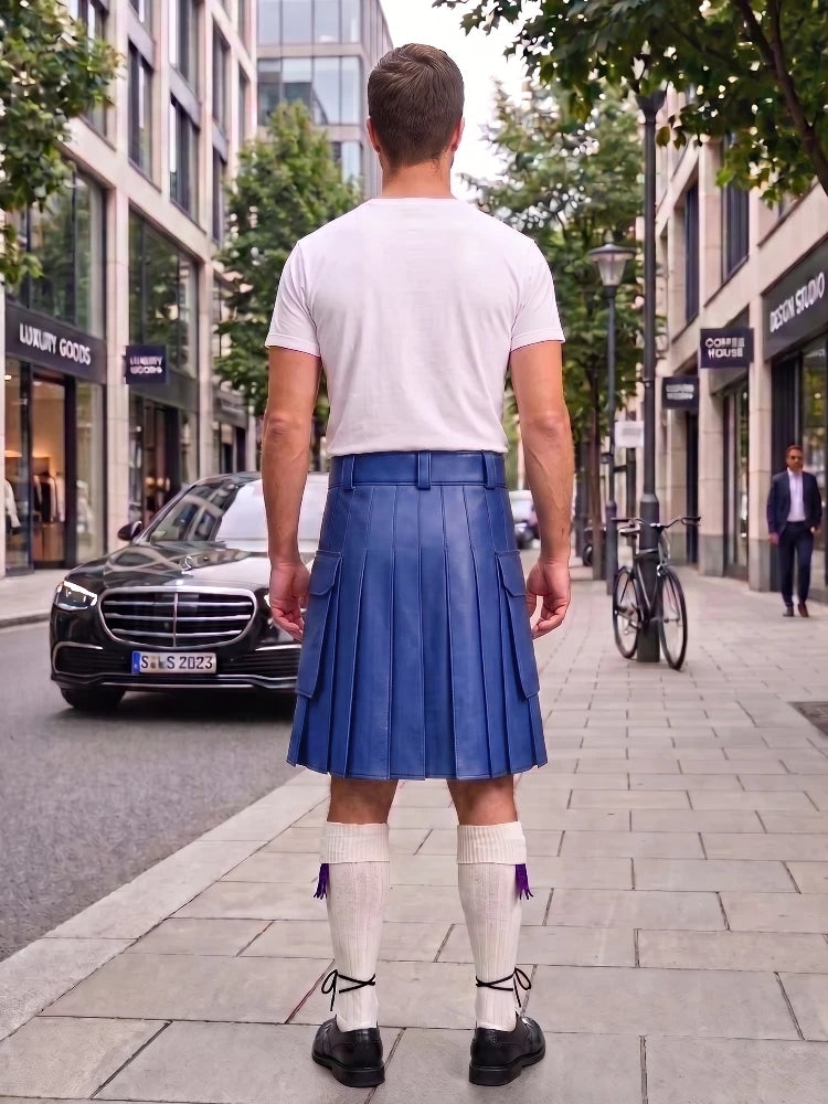 Royal Blue Leather Kilt For Men Tactical Utility Kilts