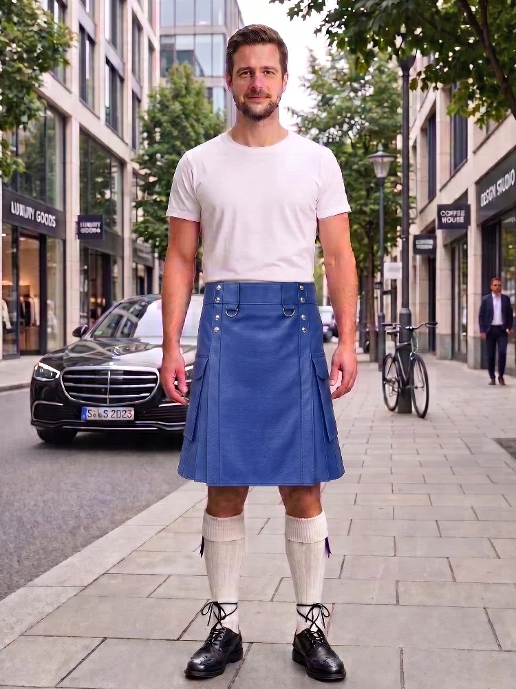 Royal Blue Leather Kilt For Men Tactical Utility Kilts