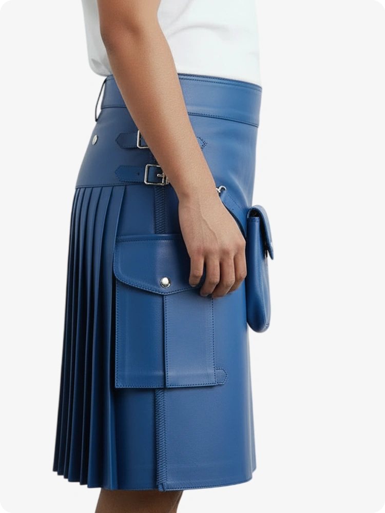 Royal Blue Leather Pleated Kilt with Belt Loops & Side Straps