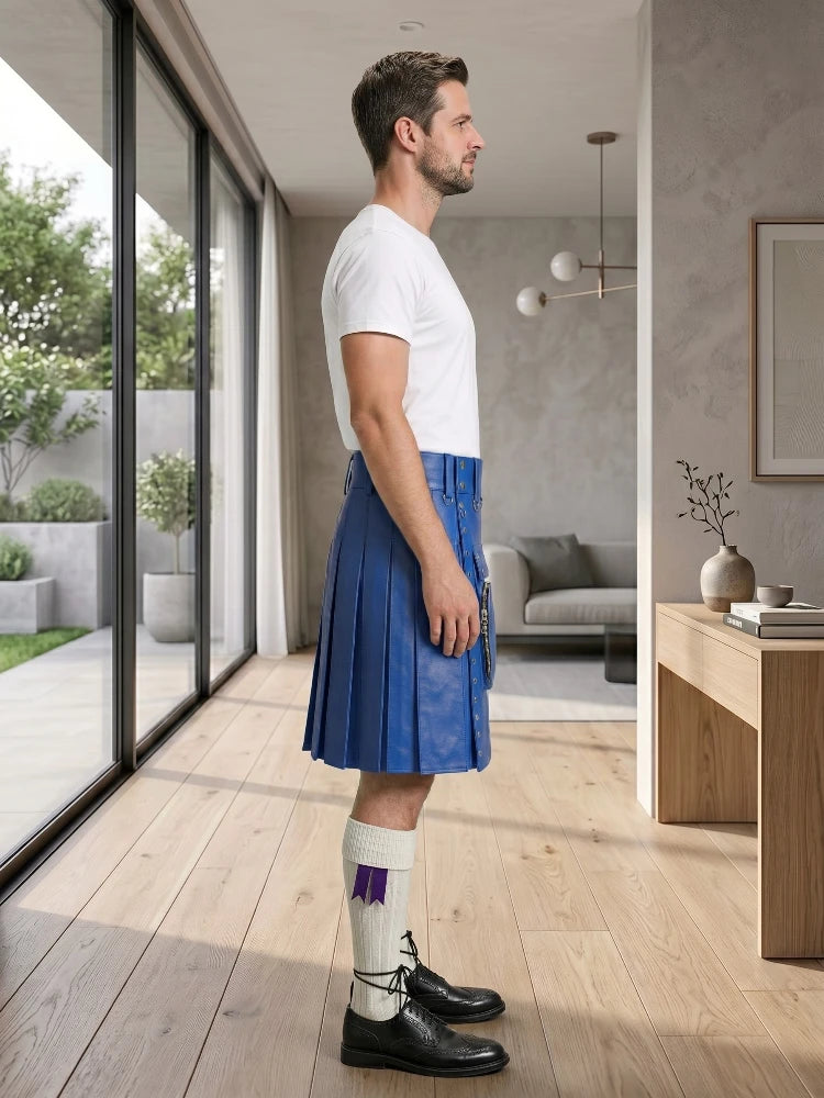 Royal Blue Leather Utility Kilt Right Side