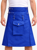 Royal Blue kilt with metal accents worn by a person on a white background