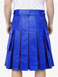 Royal Blue pleated kilt worn by a person on a white background