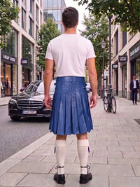 A man standing on a city sidewalk, viewed from behind, wearing a white t-shirt, a blue pleated leather kilt, white knee-high socks, and black shoes. Buildings, trees, a parked black car, and a bicycle are visible in the background.