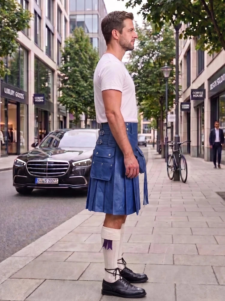 A man standing on a city sidewalk wearing a blue leather kilt, white t-shirt, white socks, and black leather shoes, with a street scene in the background.