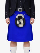 Person wearing a blue kilt with a sporran on a white background