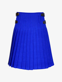Blue pleated kilt with black buckles on a white background