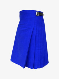 Blue pleated kilt with a black belt on a white background