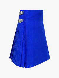 Blue pleated kilt with silver buckles on a white background