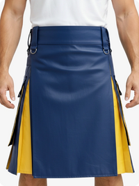 Blue and yellow kilt worn by a person on a white background