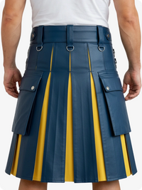 Blue and yellow pleated kilt worn by a person on a white background